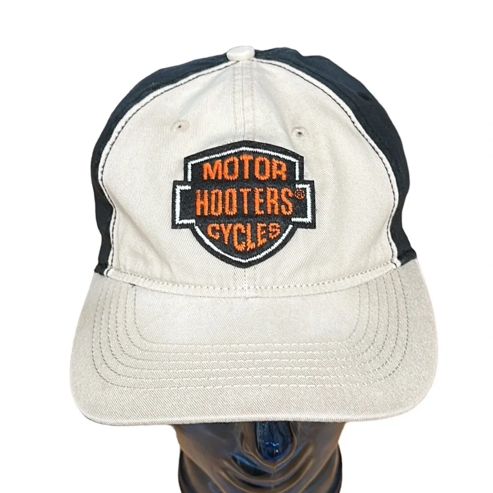 Hooters Motorcycles Khaki Tan Black Skull Embroidered Baseball Cap Hat Falcon